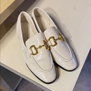 Jeffrey Campbell White Patent Loafers with Gold Horsebit